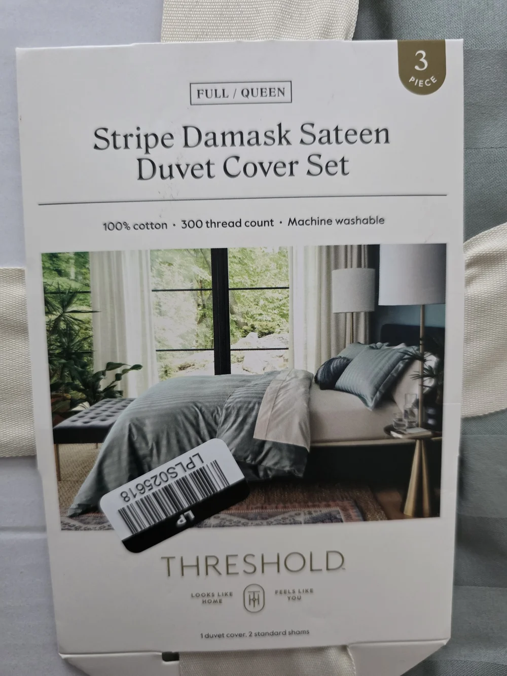 Threshold Sage Green Stripe Damask Sateen Duvet Cover Set Queen NEW